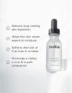 A Mediks facial serum bottle with benefits listed beside it.