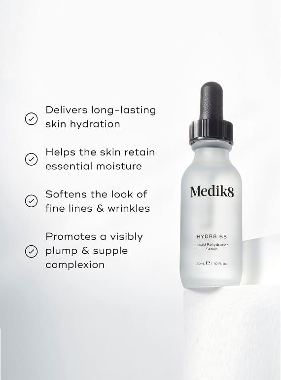 A Mediks facial serum bottle with benefits listed beside it.