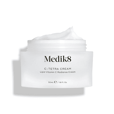 Medik8 C-Tetra Cream vitamin C antioxidant skincare product in a white jar.