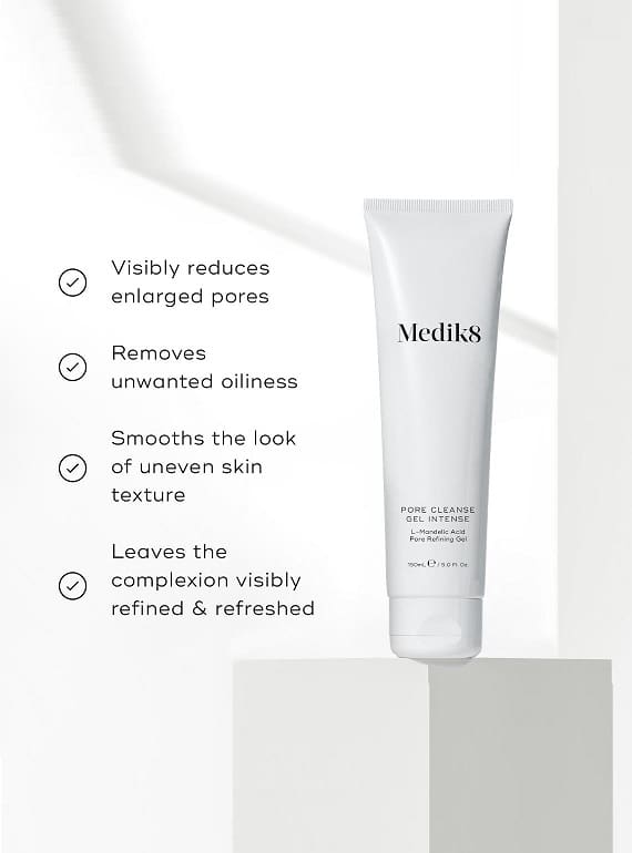 A skincare product with benefits listed beside it.