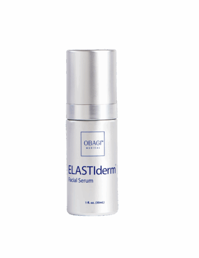 A sleek silver bottle of ELASTIderm Facial Serum by Dermalogica.