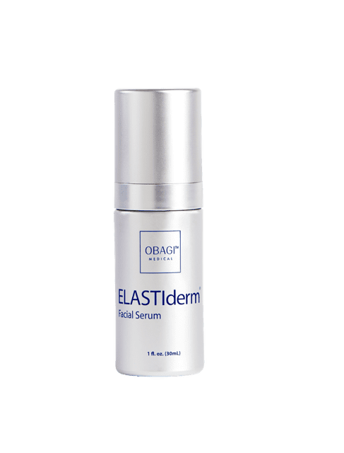 A sleek silver bottle of ELASTIderm Facial Serum by Dermalogica.