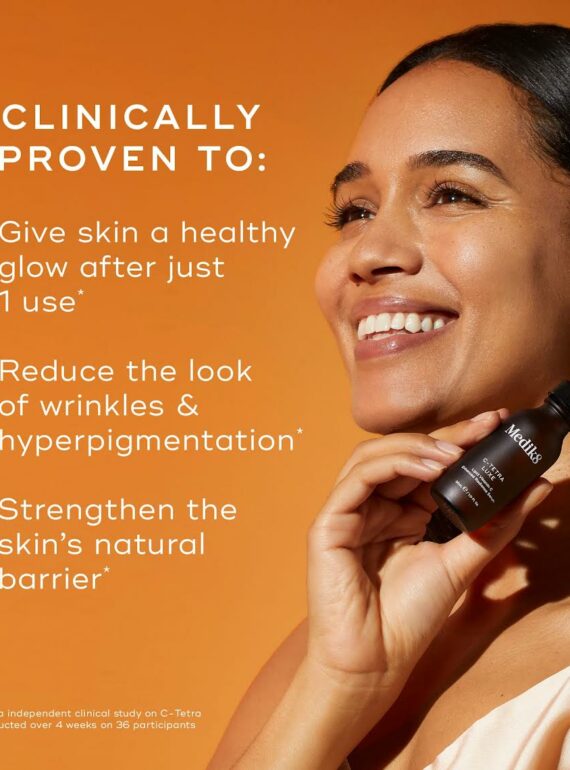 Smiling woman with text highlighting clinically proven skin benefits.