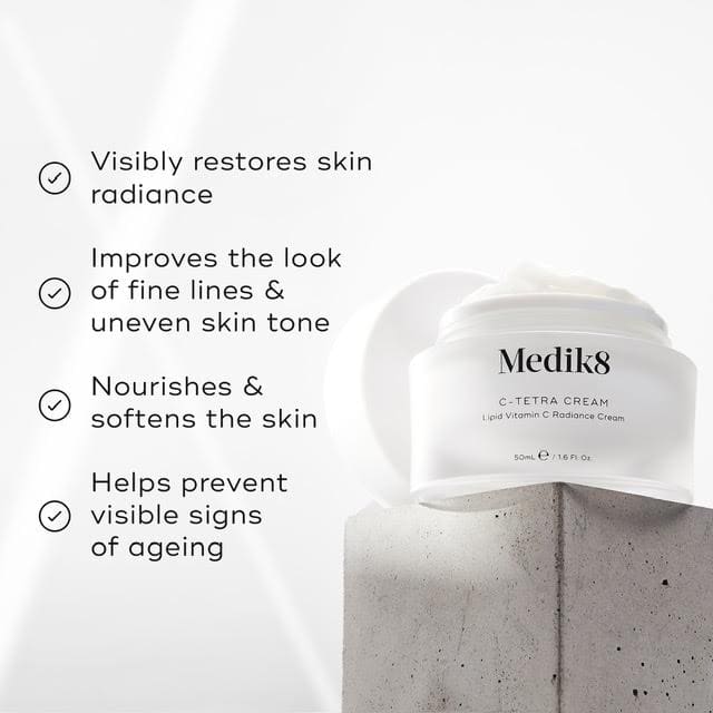 Medik8 skincare product with key benefits listed.