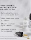 Serum bottle and dropper with benefits for dark spots on a white background.