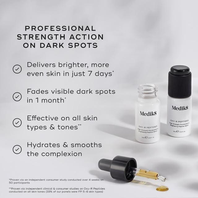 Serum bottle and dropper with benefits for dark spots on a white background.