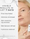 Skincare product promises visible results in 7 days for fine lines, wrinkles, and hydration.