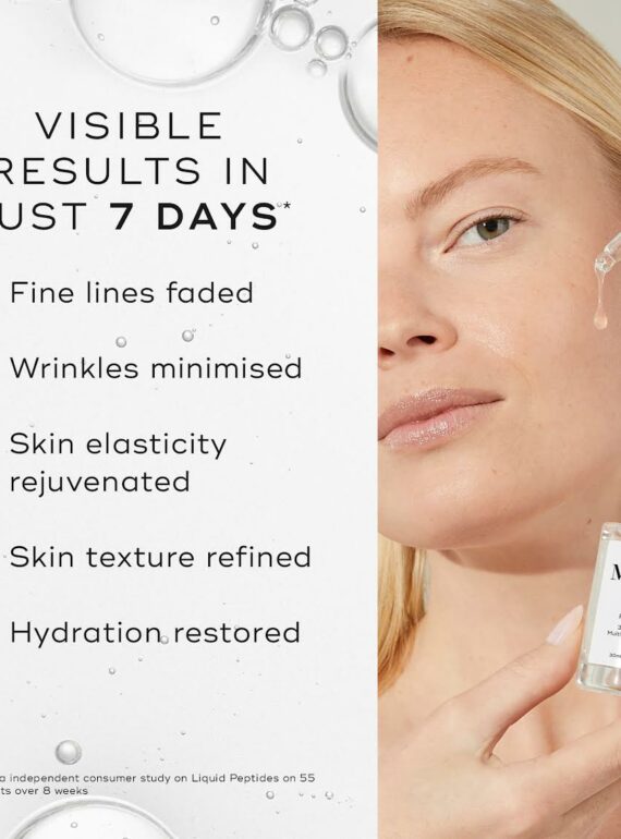 Skincare product promises visible results in 7 days for fine lines, wrinkles, and hydration.