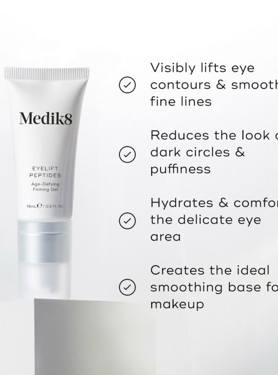 White tube of Medilia eye cream with benefits listed beside it.
