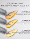 Three pen nibs labeled with strengths to work your way up.