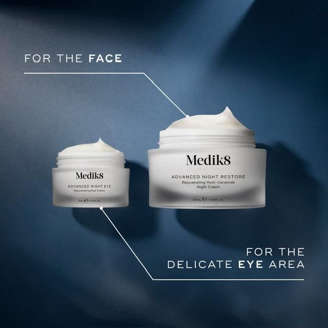 Two skincare jars labeled for face and delicate eye area.