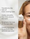 A woman applying anti-wrinkle eye cream with benefits listed.