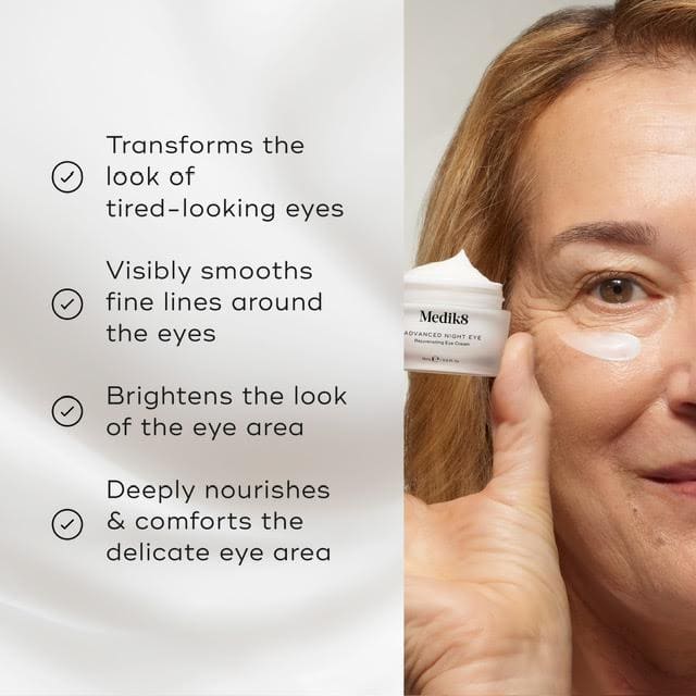 A woman applying anti-wrinkle eye cream with benefits listed.
