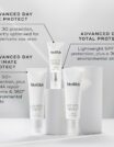 Three skincare products with SPF protection and anti-aging benefits.