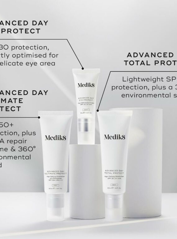 Three skincare products with SPF protection and anti-aging benefits.