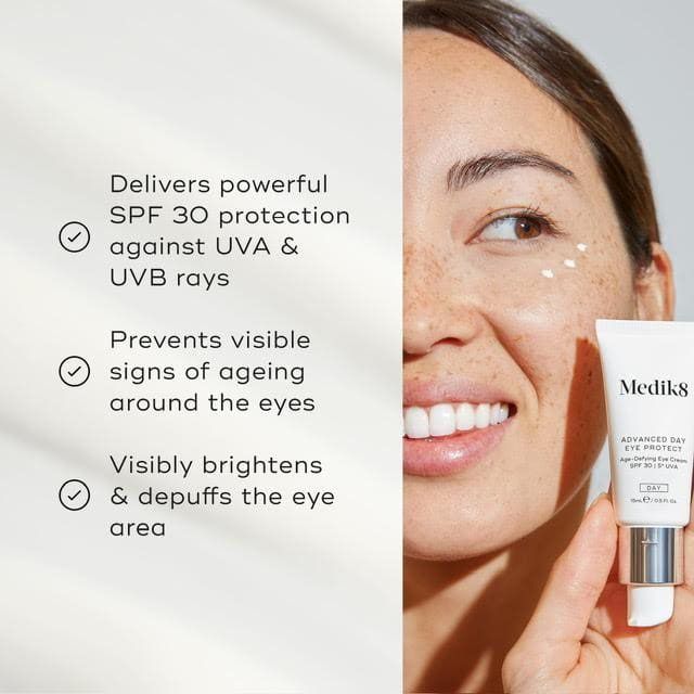 Infographic showing benefits of a skincare product for eye protection and brightness.