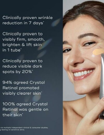 Smiling woman with checklist of clinically proven skin benefits.
