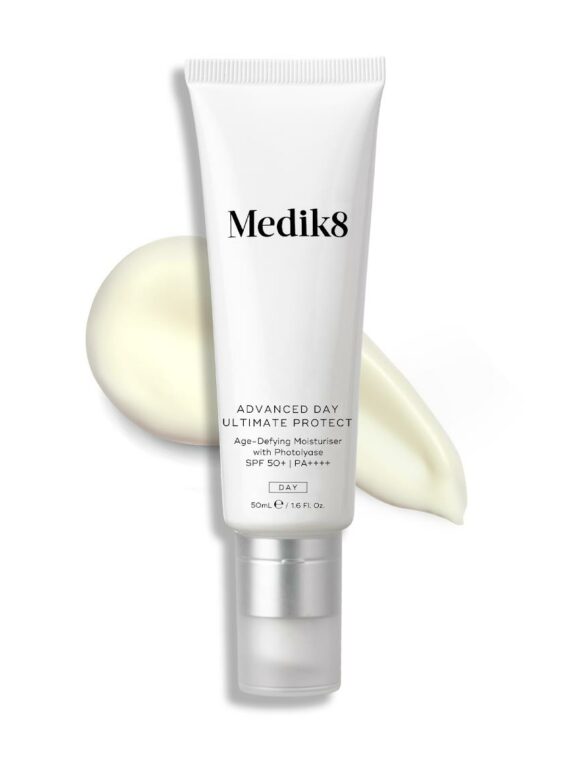 Medik8 skincare cream tube with product swatch.