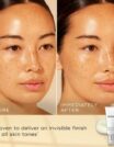 Before and after images showing skin improvement with a skin serum.
