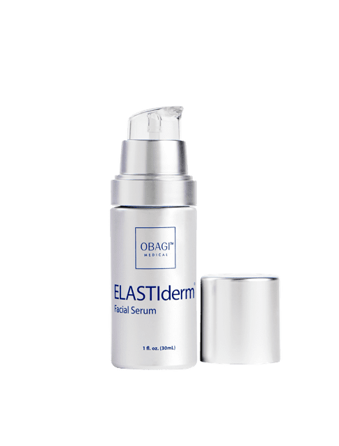 Bottle of ELASTIderm Eye Serum with cap beside it.