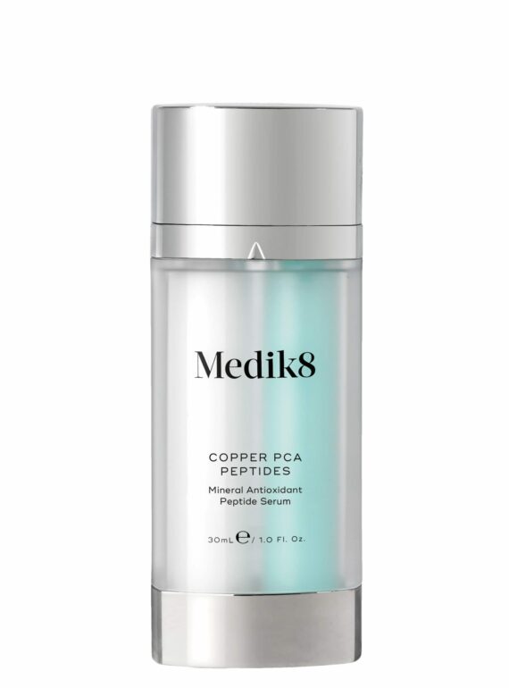 A sleek silver bottle of Medilish facial serum with a clear cap.