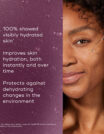A woman with glowing skin highlights the benefits of a skincare product.