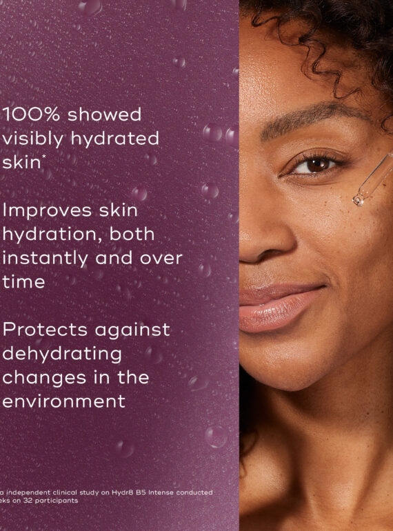 A woman with glowing skin highlights the benefits of a skincare product.