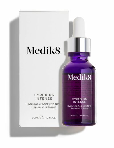 Medik8 skincare serum in a purple dropper bottle with white box.