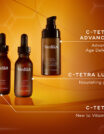 Three C-Tetra skincare products displayed against an orange background.