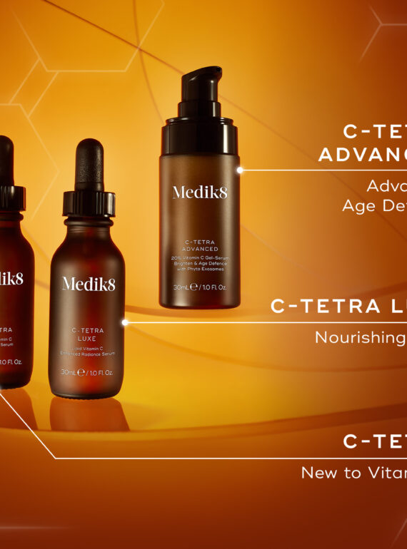 Three C-Tetra skincare products displayed against an orange background.