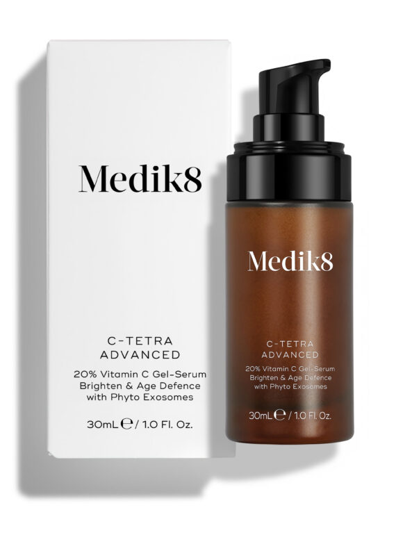 Medik8 skincare product with pump bottle and white box.