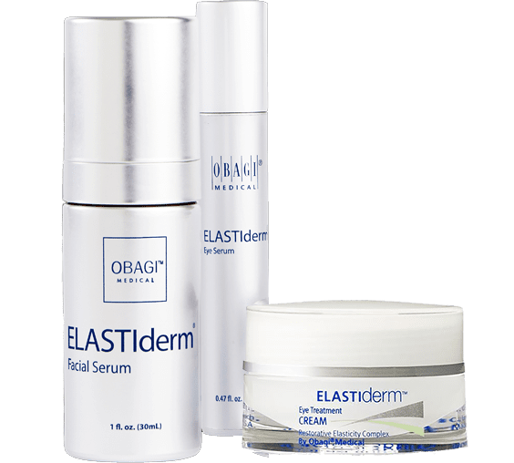 Three OBAGI ELASTIderm skincare products in white containers.