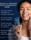 Smiling woman promoting a clinically proven 2-step overnight skincare mask.