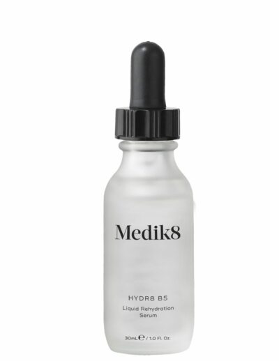 A clear dropper bottle labeled Medik8 Hydr8 B5 Intense serum.