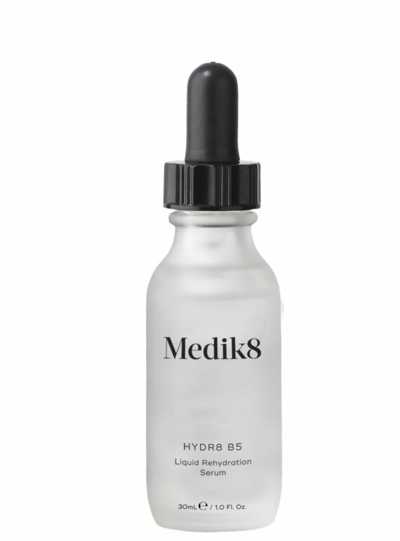 A clear dropper bottle labeled Medik8 Hydr8 B5 Intense serum.
