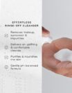 Hand holding a white cleansing pad with rinse-off cleanser benefits listed.