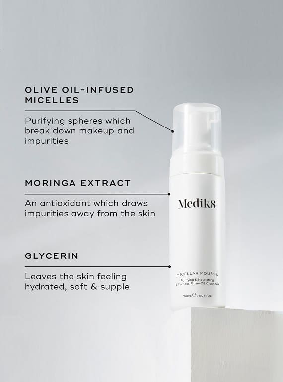 Skincare product with olive oil-infused micelles, moringa extract, and glycerin.