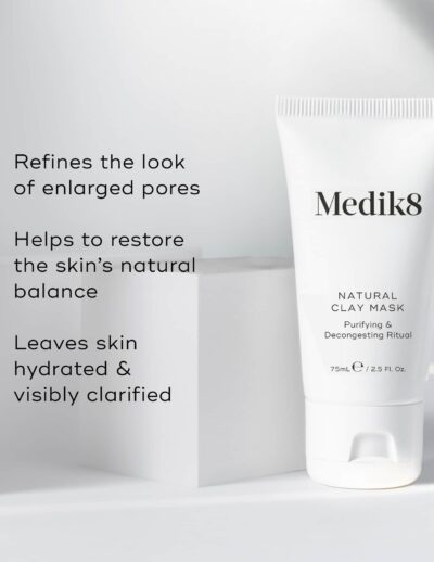 Medik8 skincare product benefits: refines pores, restores skin's natural balance, and clarifies skin.