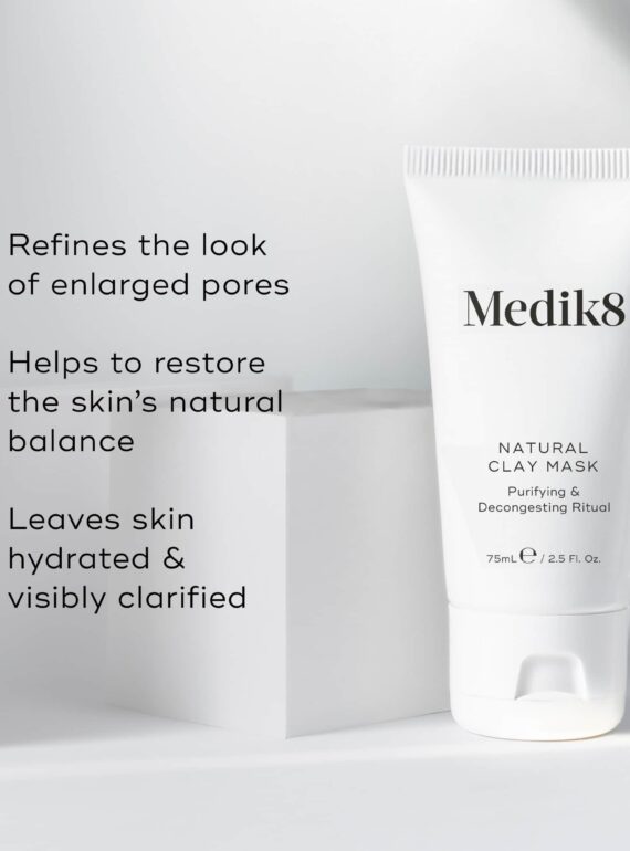 Medik8 skincare product benefits: refines pores, restores skin's natural balance, and clarifies skin.