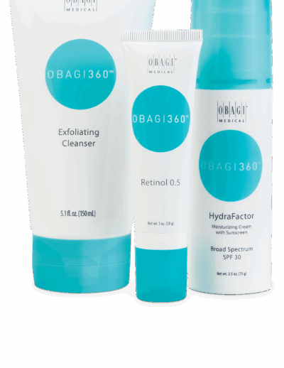 Obagi360 skincare set with exfoliating cleanser, retinol 0.5, and hydrating sunscreen cream.