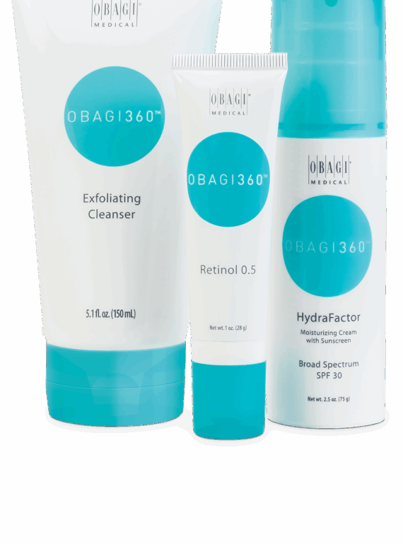 Obagi360 skincare set with exfoliating cleanser, retinol 0.5, and hydrating sunscreen cream.