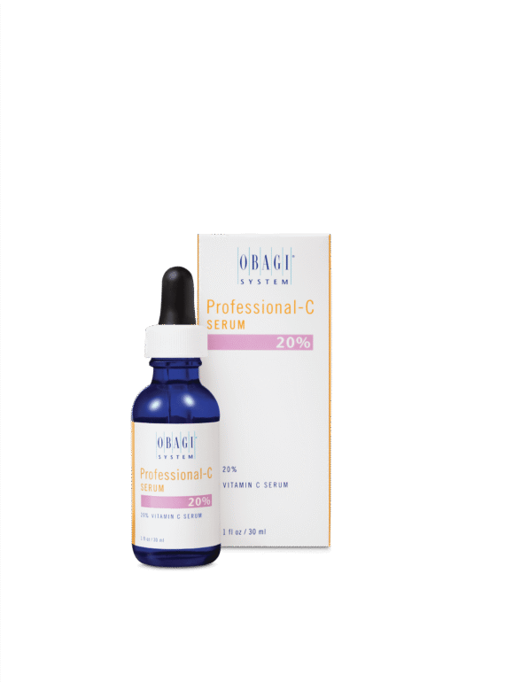 Obagi Professional-C Serum 20% Vitamin C in a blue dropper bottle with its box.