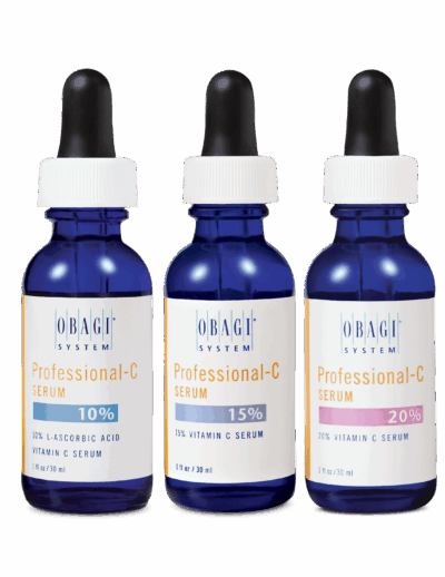 Three Obagi Professional-C Vitamin C serums in 10%, 15%, and 20% concentrations.