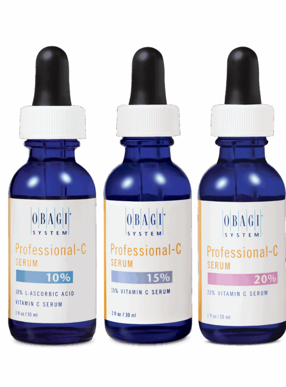 Three Obagi Professional-C Vitamin C serums in 10%, 15%, and 20% concentrations.