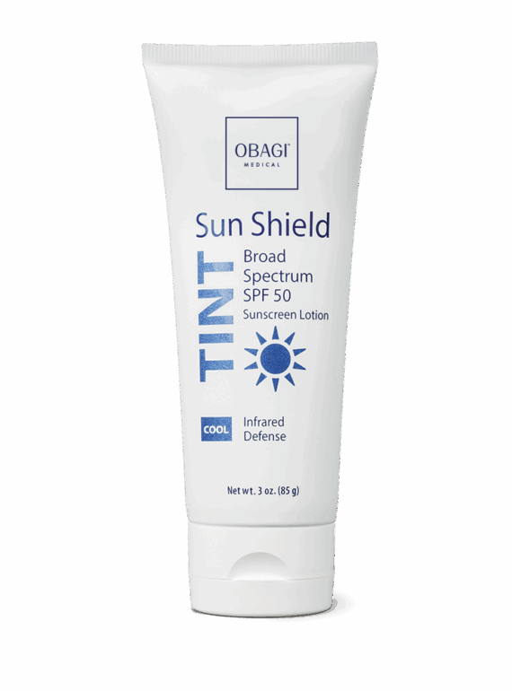 Tube of OBAG Sun Shield TINT SPF 50 broad spectrum sunscreen.