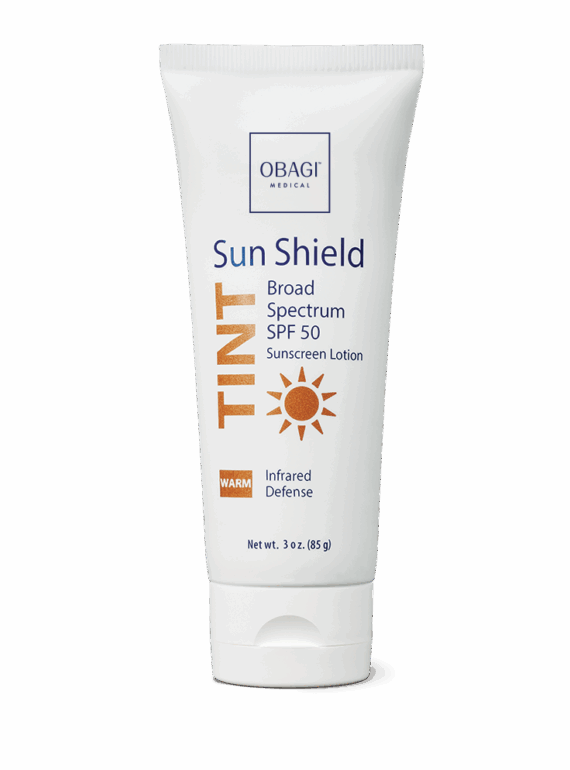 Tube of Obagi Sun Shield TINT SPF 50 sunscreen lotion.