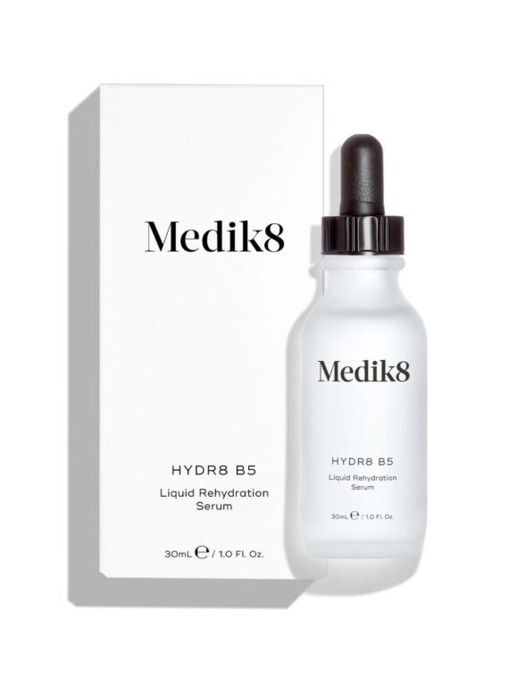 Medik8 skincare serum bottle with dropper and box.